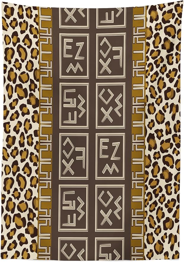 Ambesonne Tribal Tablecloth, Savannah Leopard Motif with Abstract Folk and Wild Effects Art Print, Rectangular Table Cover for Dining Room Kitchen Decor, 60" X 84", Coffee Chocolate