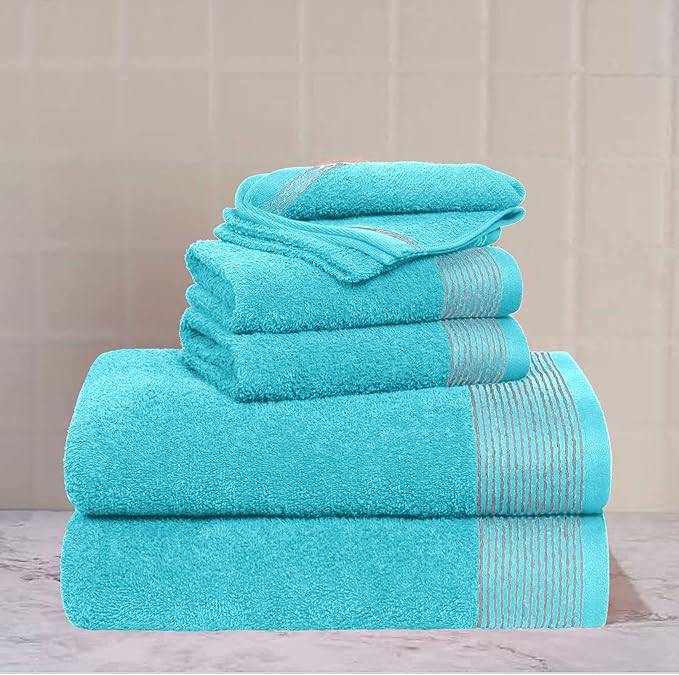 Belizzi Home 100% Cotton Ultra Soft 6 Pack Towel Set, Contains 2 Bath Towels 28x55 inchs, 2 Hand Towels 16x24 inchs & 2 Washcloths 12x12 inchs, Compact Lightweight & Highly Absorbant - Turquoise Blue