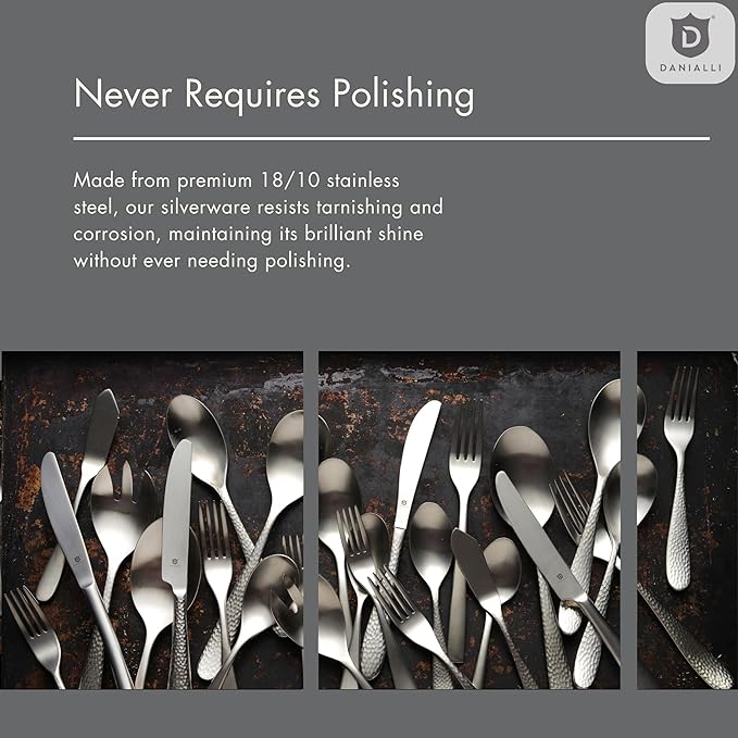 Matte Silverware Set, 18/10 Stainless Steel Satin Flatware, Modern Brushed Finish Cutlery, Dishwasher Safe & Durable, Built to Last (40-Piece, Marettimo Hammered)