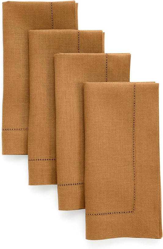 Solino Home Linen Cloth Napkins Set of 4-100% Pure Linen Brown Sugar Dinner Napkins 20 x 20 Inch - Classic Hemstitch, Handcrafted and Machine Washable