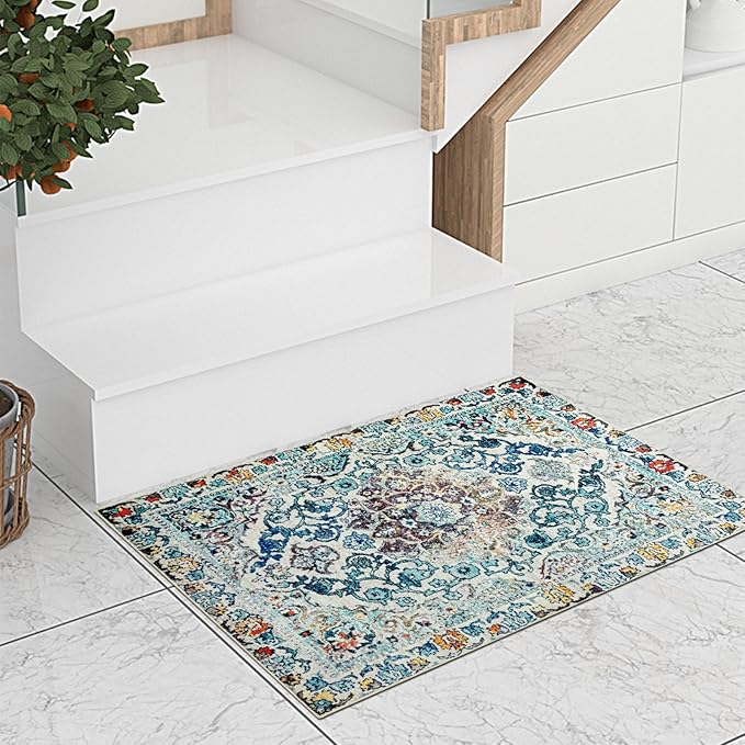 Easy-Going Boho Area Rug 2x3 Washable Entryway Rugs Front Door Mat Indoor Entrance Non-Slip Medallion Distressed Small Entry Rug for Living Room Bedroom Bathroom Lightweight Carpet, Vintage Multi