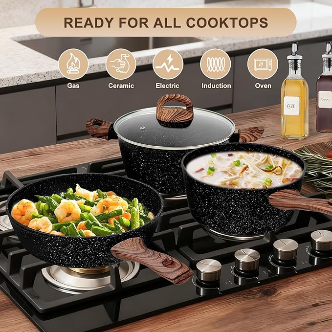 EWFEN 25 Pcs Pots and Pans Set, Nonstick Ceramic Cookware Sets, Healthy Non-Toxic, Large Capacity, Induction Compatible, Cooking Set with Frying Pans & Saucepans, PFAS/PTFE/PFOA Free, Classic Black