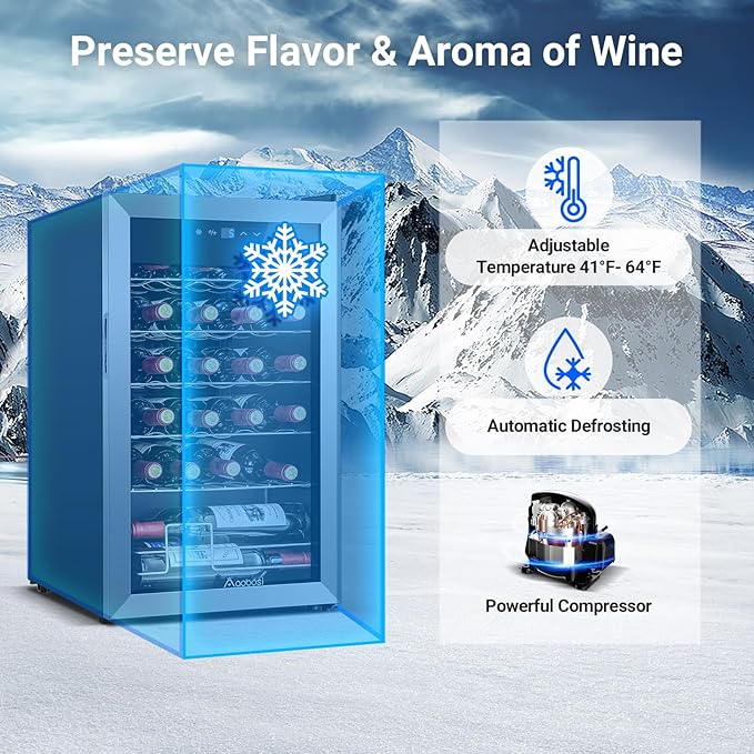 AAOBOSI 17 Inch Wine Cooler, 24 Bottles Wine Fridge, Wine Refrigerator Small with LED Display Light, Freestanding Wine Cellar with Low Noise Compressor, Adjustable Shelves
