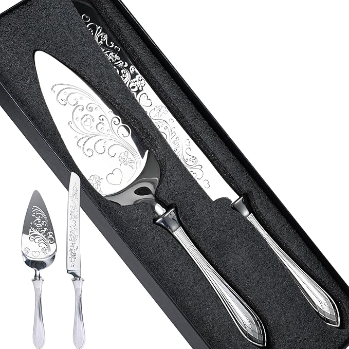 KSENDALO Wedding Cake Cutting Set - Cake Knife and Server Set, Deluxe SUS304 Stainless Steel Cutter & Server for Weddings, Birthdays, Anniversaries & Celebrations (13.78 Inch, Silver)