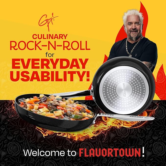Guy Fieri's Flavortown 2-Piece Ceramic Cookware Set, Nonstick Frying Pan Set 10" and 12", Easy-Clean Kitchen Cookware, Made without PFAS PTFE PFOA, Induction Compatible, Oven & Dishwasher Safe, Black