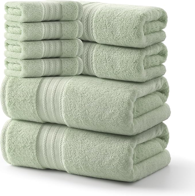 REDKISS Green Towel Set of 8-100% Cotton Luxury Bath Towels Set for Bathroom, 600 GSM Highly Absorbent Bathroom Towel with 2 Large Bath Sheet, 2 Hand, 4 Washcloths, Green Shower Towels for Dorm