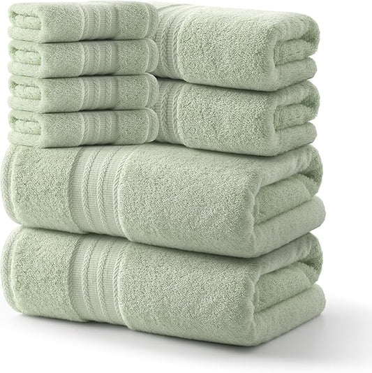 REDKISS Green Towel Set of 8-100% Cotton Luxury Bath Towels Set for Bathroom, 600 GSM Highly Absorbent Bathroom Towel with 2 Large Bath Sheet, 2 Hand, 4 Washcloths, Green Shower Towels for Dorm