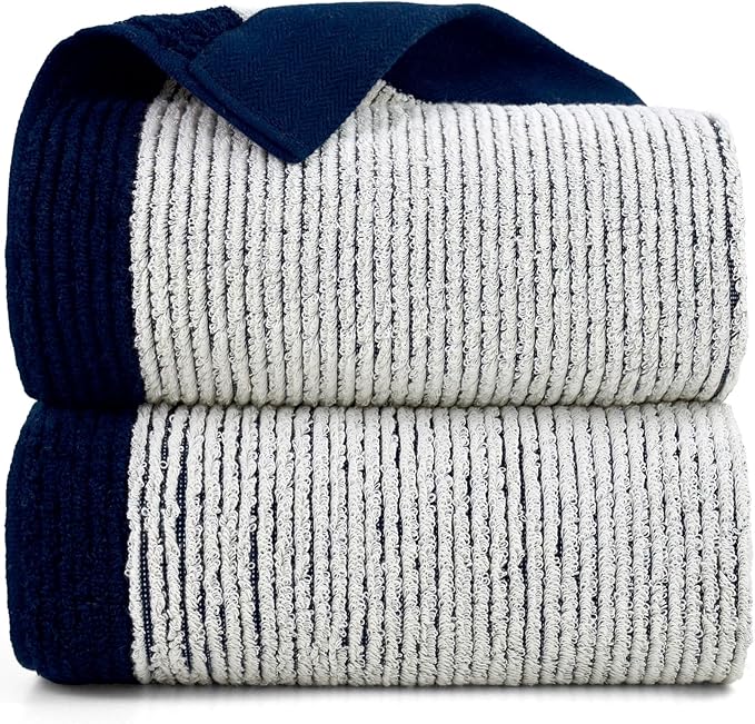 Cleanbear Fluffy Bath Towels for Bathroom, Shower Towel Set of 2, Jacquard Weaved Soft Cotton Cloths Navy-Blue, 54 by 28 Inches