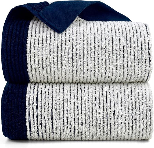 Cleanbear Fluffy Bath Towels for Bathroom, Shower Towel Set of 2, Jacquard Weaved Soft Cotton Cloths Navy-Blue, 54 by 28 Inches