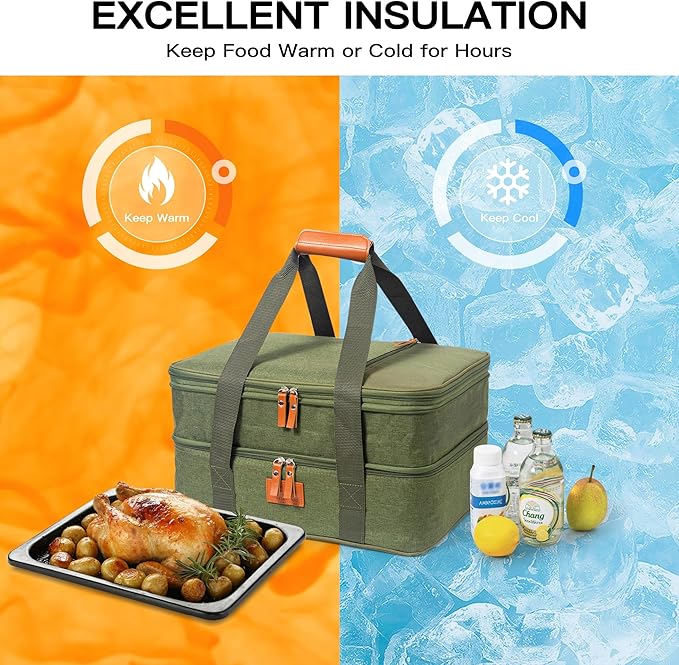 Fun Elements Casserole Carrier, Expandable Insulated Casserole Carriers for Hot or Cold Food, Thermal Lasagna Lugger Tote for Potluck/Parties/Picnic/Cookouts, Fits 9"×13" Baking Dish, Green