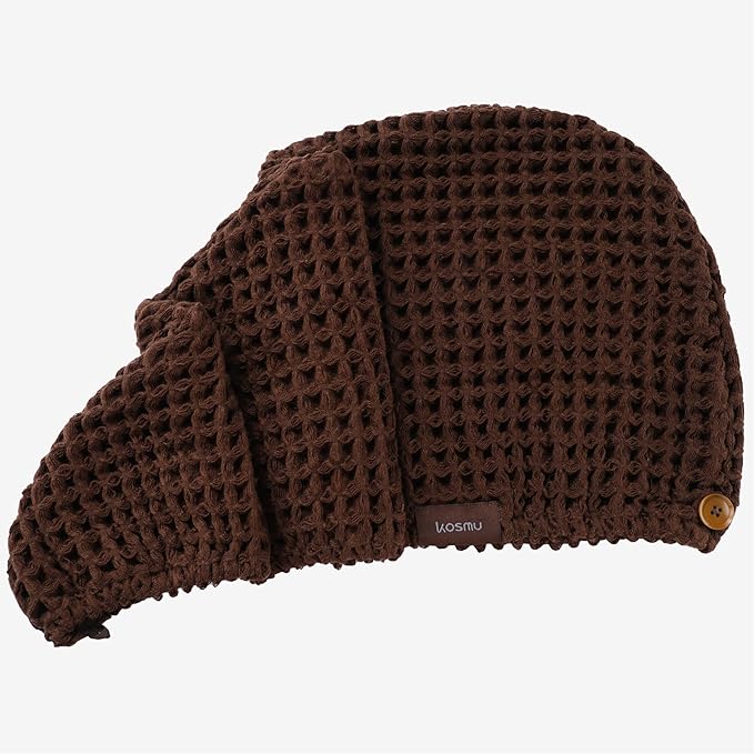 100% Organic Cotton Hair Drying Waffle Towel Wrap for Women | Absorbent & Quick Dry Head Turban for Wet Hair in Shower Sauna Spa, Extra Large for Long Straight Curly Plopping Button (Brown, 1 PACK)