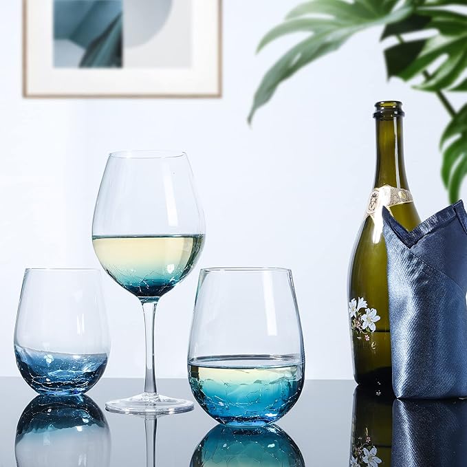 Joeyan Handmade Blue Stemless Crackle Wine Glasses Cups,Large Crystal Red Wine Tumblers,Aesthetics Glassware Collection, Home Gift,Set of 2,19 oz