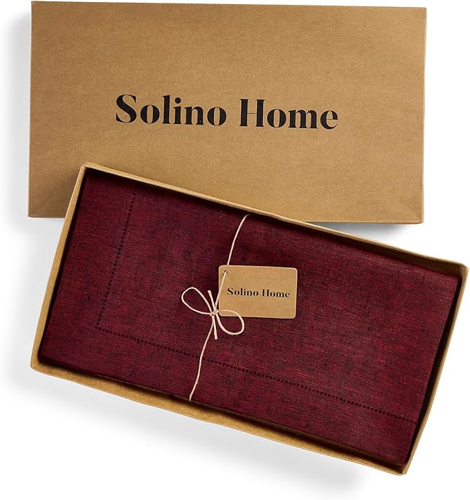 Solino Home Linen Square Tablecloth 52 x 52 Inch - 100% Pure Linen Red Garnet Table Throw - Milan Hemstitch, Machine Washable Table Cloth for Valentines, Holiday, Winter, New Year
