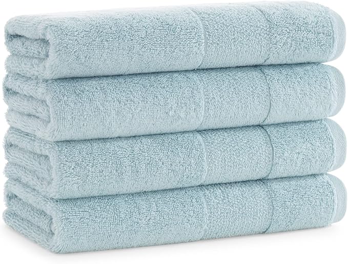 Aston & Arden Aegean Terry Hand Towels - Set of 4 - Ringspun Turkish Cotton Thick and Soft Absorbent Luxury Hotel and Spa Bathroom Towel, 600 GSM, 18 x 32 in, Sterling Blue