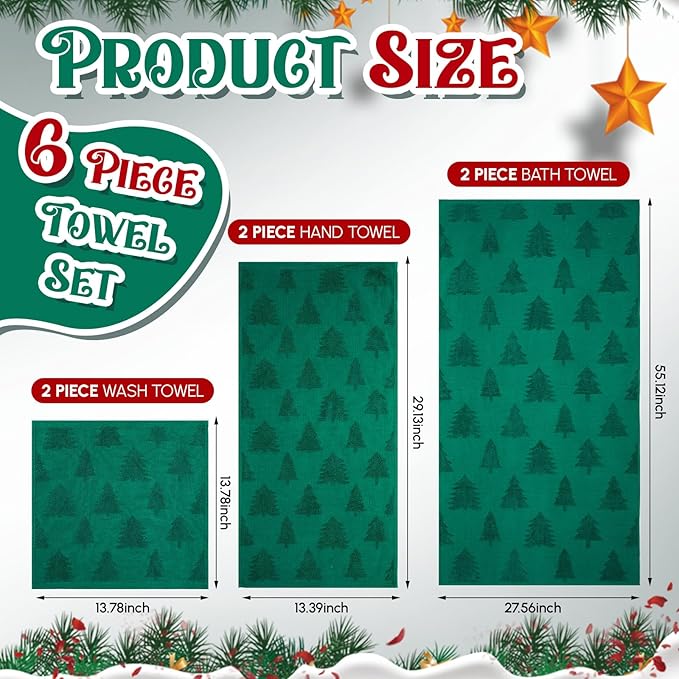 Peryiter 6 Pack Cotton 3D Christmas Bath Towels Set Green Christmas Tree Towels for Bathroom, Soft and Absorbent, Contains 2 Bath Cloth, 2 Hand Cloth and 2 Wash Cloths