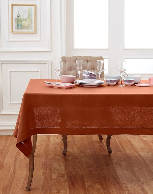 Solino Home Linen Tablecloth 60 x 90 Inch - Classic Hemstitch 100% Pure Linen Cinnamon Table Cloth for Rectangle Tables - Machine Washable Tablecloth for Winter