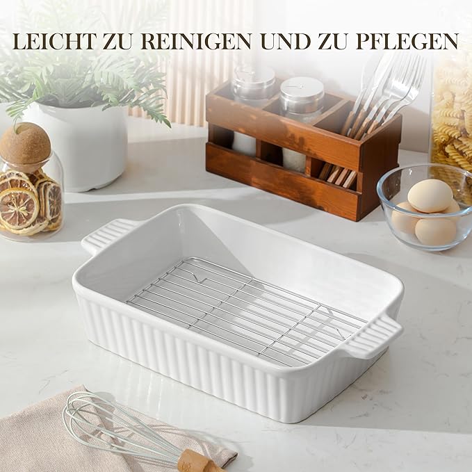 MALACASA 4.4 QT Baking Dish with Rack, 9x13 Large Casserole Dish for Oven, Ceramic Baking Pan with Rack, Rectangular Lasagna Pan Deep with Handles for Baking, Durable Microwave Oven Safe, White