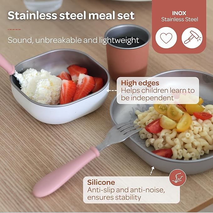 BEABA Stainless Steel Meal Set | Microwave and Oven Safe | Baby Plates Baby Bowls and Cup with Anti-Slip Silicone Cover | Kids Plates Non Toxic, Terracotta