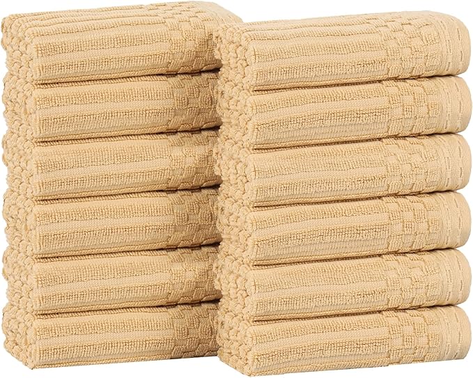 Superior Cotton Face Towel/Washcloth Set of 12, Daily Use for Bathroom, Guest Bath, Quick Dry Small Towels, Face, Hand, Gym, Spa, Hotel, Absorbent, Essentials, Ribbed, Soho Collection, Gold
