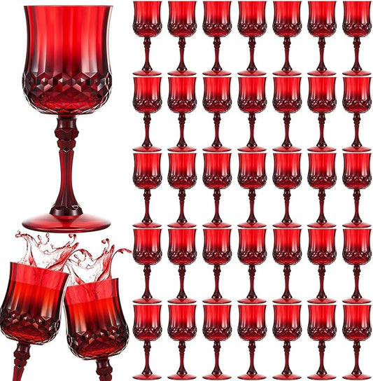 Pinkunn 50 Pcs 7 oz Plastic Vintage Wine Glasses Reusable Colored Goblets Patterned Drinking Water Glasses Cup Dishwasher Safe for Christmas Wedding Reception Party Supplies (Red)
