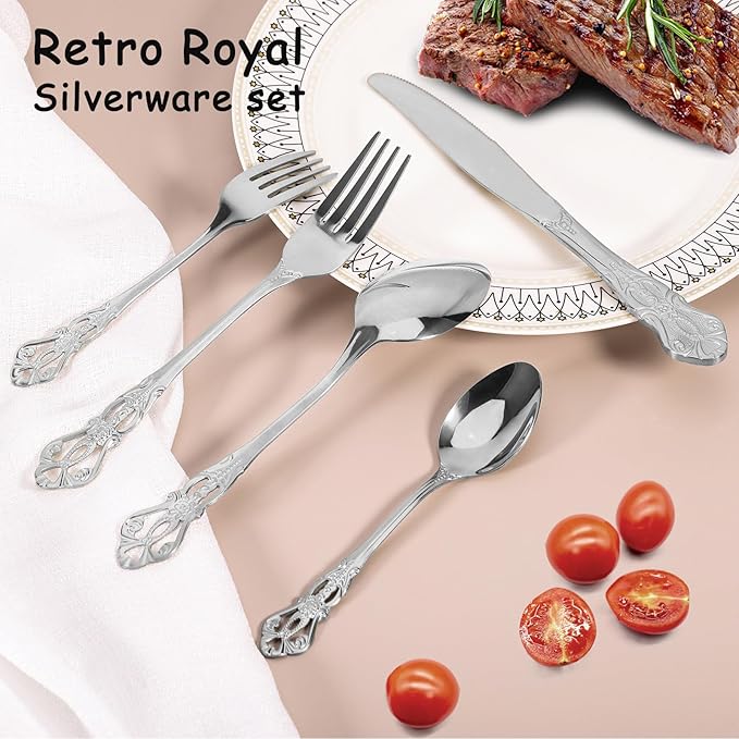 40 Piece Gorgeous Retro Royal Silverware Set for 8, Premium Stainless Steel Flatware Set with gift box, Mirror Polished Cutlery Set Including Spoons and Forks, Vintage Utensils, Dishwasher Safe