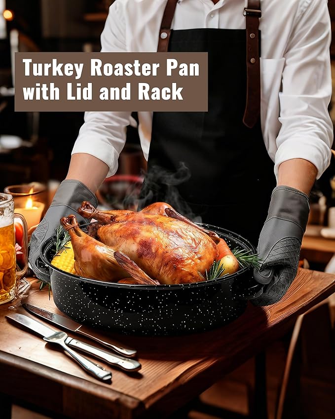 Roasting Pan with Lid & Rack 18 Inch Extra Large Deep Oven Baking Pot, Enamel Granite NonStick Oval Carbon Steel Potato Roaster Pot for Turkey Chicken Steak NonToxic Perfect for Christmas Party