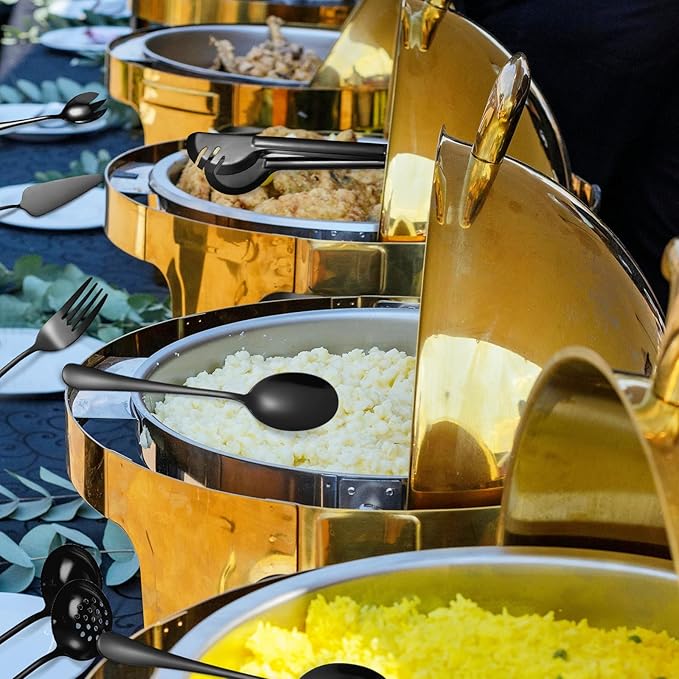 Black Serving Utensils Set 10-Piece Stainless Steel Kitchen Catering Flatware include Catering Tong Big Spoons and Ladles Servers Large Fork Spatula Ideal for Home and Restaurant Use