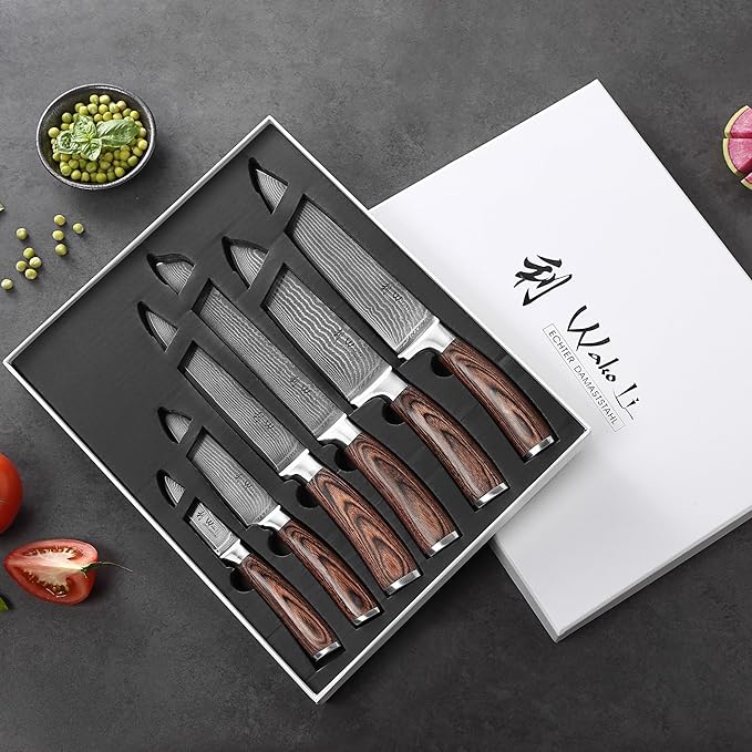 Wakoli EDIB 6-Piece Damascus Knife Set – Professional Chef Knives Set with VG10 Core Blades, 67-Layer Damascus Steel and Ergonomic Pakkawood Handles – Premium Kitchen Knives in Elegant Gift Box