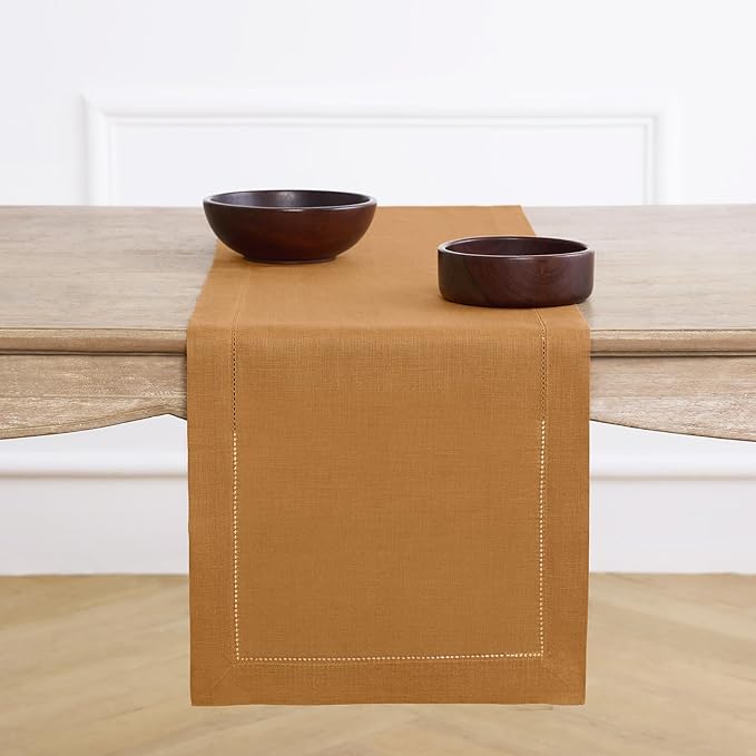 Solino Home Linen Table Runner 48 Inches - 100% Pure Linen Brown Sugar Hemstitch Table Runner 14 x 48 Inch Ideal for Dresser and Coffee Tables - Classic Hemstitch