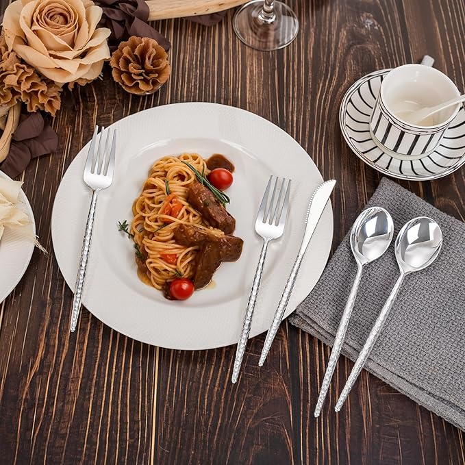 Rubtlamp 180 Pcs Silver Plastic Silverware - Hammered Disposable Silverware - Heavy Duty Plastic Forks And Spoons - Silver Plastic Cultery Include 60 Forks, 60 Knives And 60 Spoons for Wedding&Party