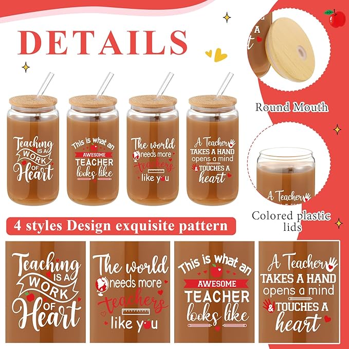 4 Pcs 16 oz Christmas Teacher Gifts for Women Teacher Appreciation Gifts Thank You Coffee Cup Tumbler Drinking Glass Beer Cups with Bamboo Lids Glass Straw Cleaning Brush for Employee Staff(Inspiring)