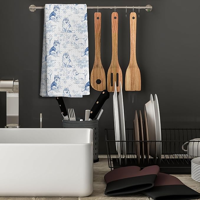 Siberian Husky Dog Gifts for Light Blue Chinoiserie Floral Decor Kitchen Towels，Blue and White Husky Dog Grandmillennial Decorative Dish Tea Towels for Bathroom,16x24 Inch