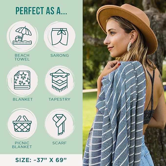 Sand Cloud Turkish Beach Towel - Sand Proof - 100% Certified Organic Turkish Towel - Quick Dry Towel for Beach, Picnic, Blanket or Bath Towel - As Seen on Shark Tank - Gocek (Denim)