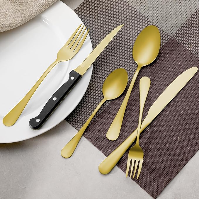 24 Pcs Gold Forks and Spoons Silverware Set, Food Grade Stainless Steel Flatware Cutlery Set for Kitchen and Restaurant, 12 Dinner Fork(8") and 12 Teaspoon(6.7"), Mirror Polished, Dishwasher Safe