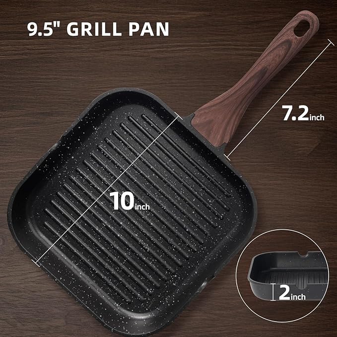Kikcoin Nonstick Grill Pan for Indoor Cooking，9.5 Inch Versatile Griddle for Stove Tops Steak Pan with Pour Spouts