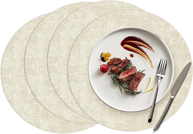 15 inch Faux Leather Round Placemats Set of 4 Non-Slip Washable Wipeable Table Mats, Heat Resistant Waterproof Oilproof Place Mats for Kitchen, Dining, Party, Indoor, Outdoor Beige