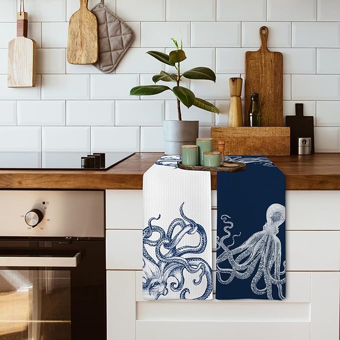 Coastal Octopus Beach Decor Dish Hand Tea Towels for Bathroom Kitchen, Octopus Ocean Nautical Beachy Bathroom Decor, Coastal Nautical Kitchen Towels and Dishcloths Sets of 2, 16x24 Inches