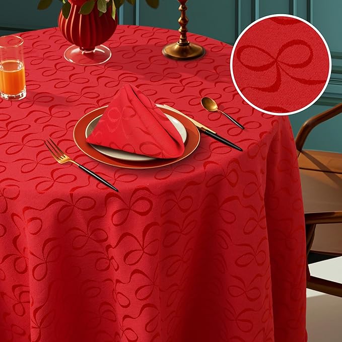 VOOVA & MOVAS Red Round Tablecloth 70" (Seat 4-6), Reusable Table Cloth for 5ft Circle Table, Polyester-Cotton, Washable, 1PC Christmas Holiday Tablecloth with Bow Jacquard