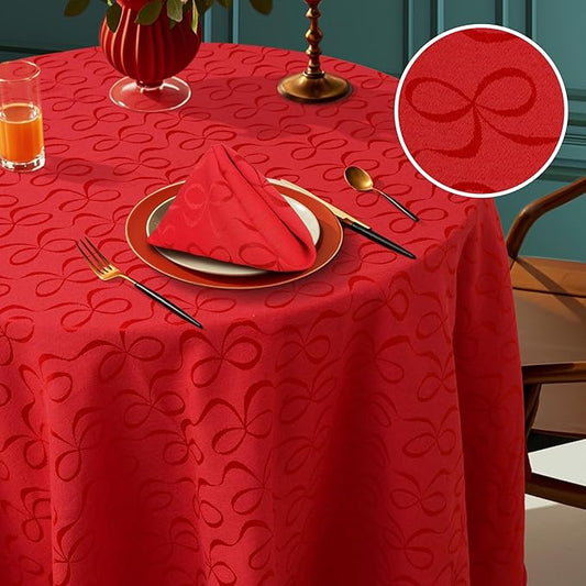 VOOVA & MOVAS Red Round Tablecloth 70" (Seat 4-6), Reusable Table Cloth for 5ft Circle Table, Polyester-Cotton, Washable, 1PC Christmas Holiday Tablecloth with Bow Jacquard
