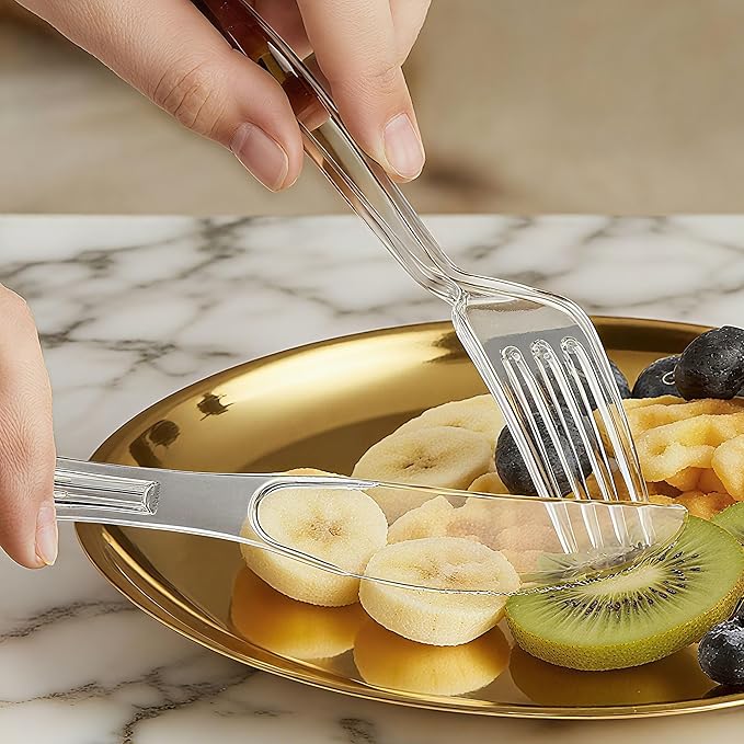 Zcaukya 300 Count Clear Plastic Silverware Set, 100 Forks, 100 Spoons, 100 Knives, Heavy Duty Disposable Cutlery Set Utensils Bulk for Parties, Events, Catering, Everyday Use