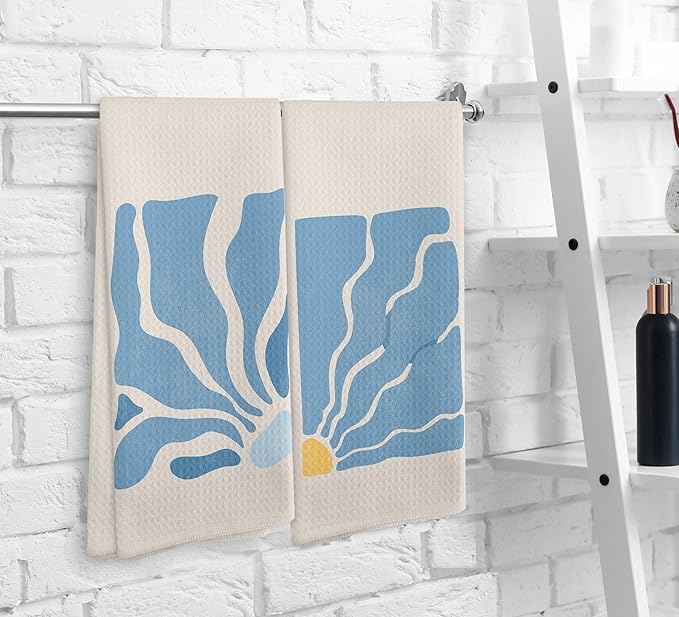 Beige Bohemian Flower Kitchen Towels and Dishcloths Set of 2, Abstract Flower Decorative Hand Towels, Blue Dorm Decor, Blue Botanical Drying Cloth Towels for Preppy Bathroom, 1624 Inches
