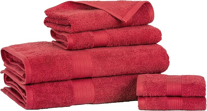Ample Decor 100% Cotton 6 Piece Bathroom Towels Set, 2 Bath Towels, 2 Hand Towels, 2 Washcloths, Quick Drying - Christmas Red Towel Sets