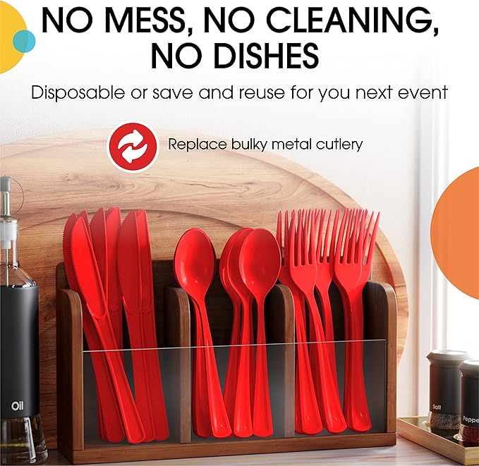 Party Solids Heavy Duty Red Plastic Disposable Cutlery - 200 Pieces, Flatware, Silverware, Plastic Spoons