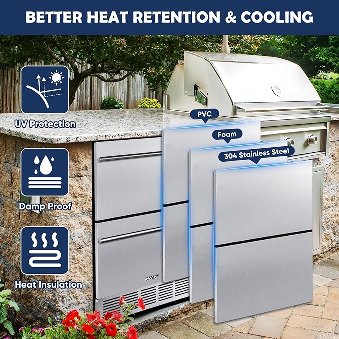 24 Inch Double Drawer Fridge, Stainless Steel Outdoor Beverage Refrigerator for Patio and Kitchen, Freestanding or Built-In, Mobile Grid Organizer, Home and Commercial Use