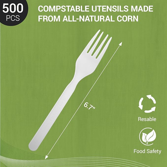 Heavy weight Compostable Froks [500Pcs] Heavy Duty Forks Disposable Utensils, BPA-Free, Heat Resistant, Eco Friendly Disposable Forks Bulk, No Plastic Disposable Cutlery for Party, Office & Picnic