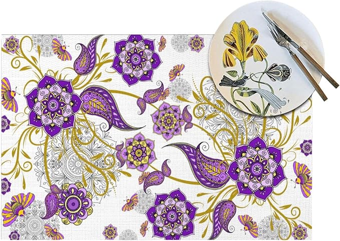 Boho Floral Placemats Set of 4 Linen Washable Non-Slip Heat-Resistant Purple Kitchen Table Mats for Dining Outdoor Party Home Decor 12x18 Inch Flower Decorative Place Mats