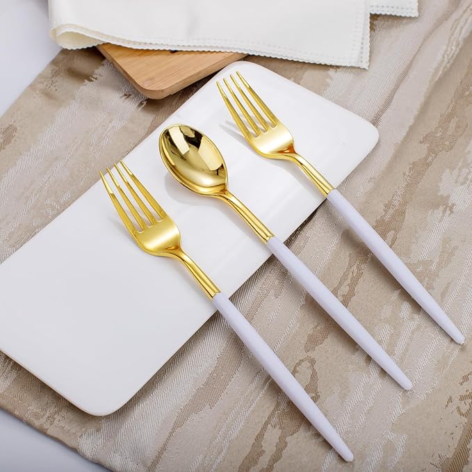 I00000 120 Pcs Disposable Dinnerware - Gold Plastic Utensils Set with White Handle, Include 60 Forks, 60 Spoons for Dinner Wedding Party