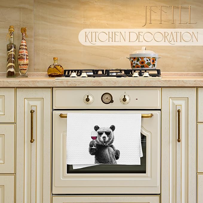 Funny Bear Wine Kitchen Towels, Black Bear Gifts Dish Tea Towels for Kitchen Decor, Bar Towel for Bartender Kitchen, Wine Lover Gift, 16x24 Inch