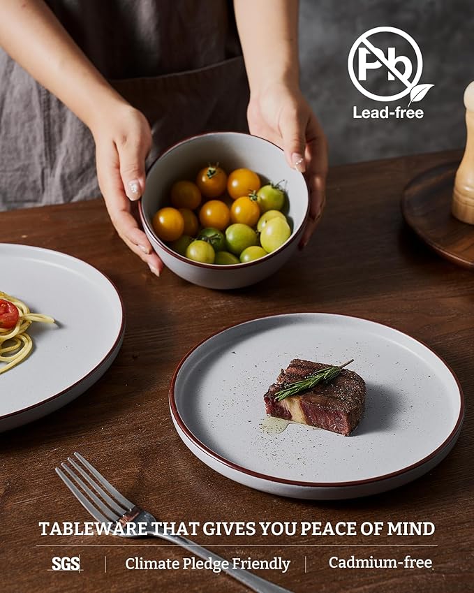 Famiware Mercury Plates and Bowls Sets, 12 Pieces Stoneware Dinnerware Sets, Dishes Set for 4, Microwave and Dishwasher Safe, Light Grey