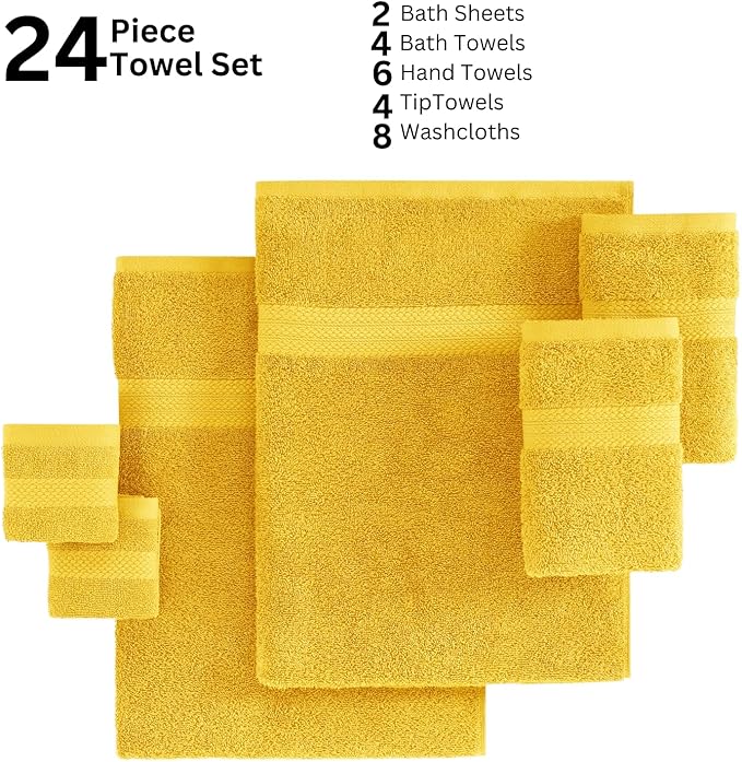 LANE LINEN 100% Cotton Bath Towels Set - 24 PCs - Durable, Quick Dry, Soft & Highly Absorbent - 4 Bath, 4 Fingertip, 6 Hand Towel, 8 Washcloths, 2 Bath Sheets - Remains Fluffy After Washing - Mimosa